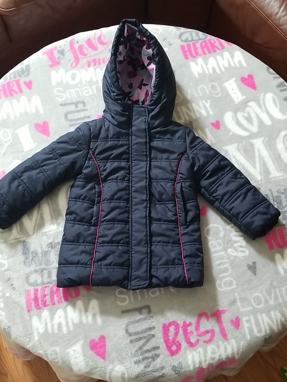 Hatley Black Hooded PufferJacket with Fuschia Trim And Floral Lining Size 3